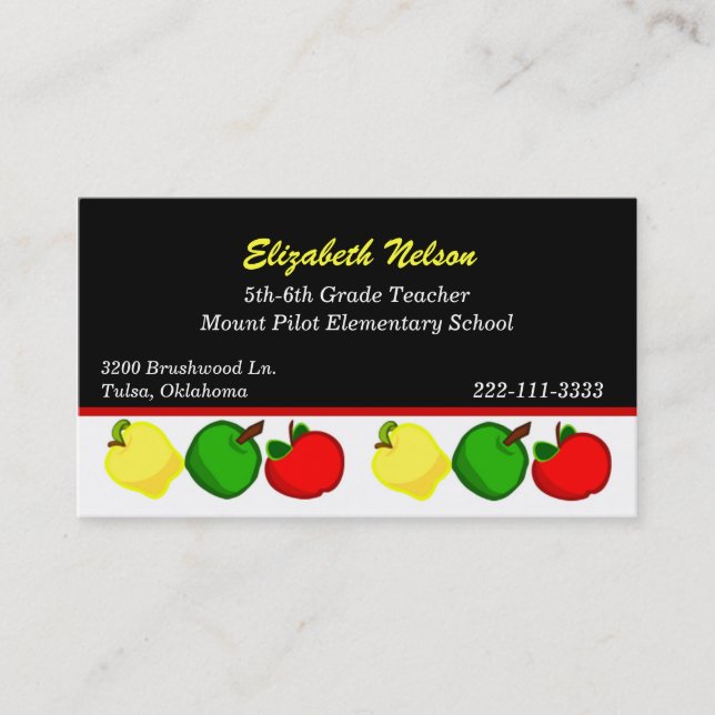 Black with Colourful Apples Teacher's business Card (Front)