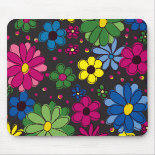 Black with Colourful Flowers Mouse Mat
