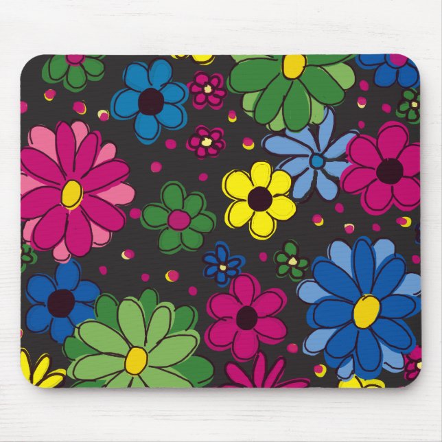 Black with Colourful Flowers Mouse Mat (Front)