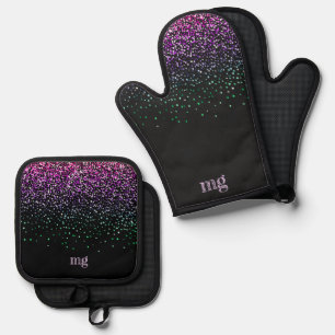 Black With Colourful Glitter Accent Oven Mitt & Pot Holder Set