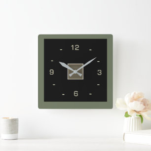 Black with Cream Numerals and Olive Border  Squar Square Wall Clock