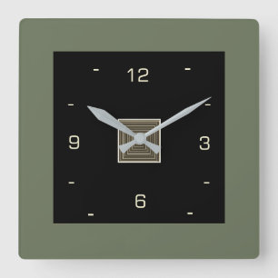 Black with Cream Numerals and Olive Border  Square Wall Clock
