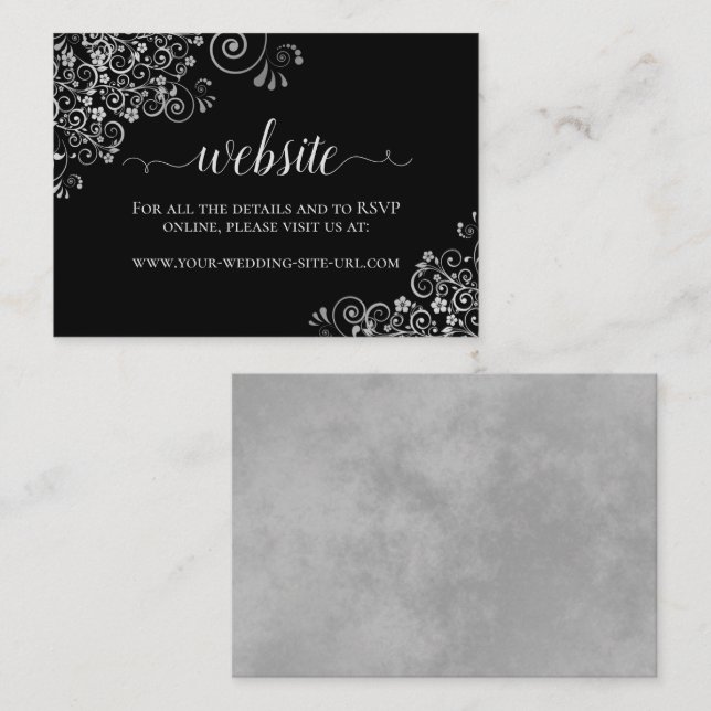 Black with Elegant Silver Frills Wedding Website Enclosure Card (Front/Back)
