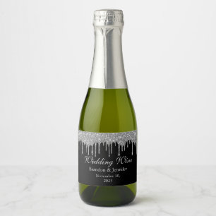 Black with Faux Silver Glitter Wedding Favour Sparkling Wine Label