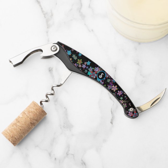 Black with Felt Psychedelic Flowers and Monogram Corkscrew (Front)