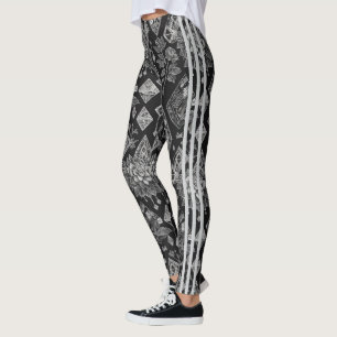 Black with Floral Lace and 3 Bold Racing Stripes Leggings