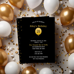 Black with Gold Balloon and Confetti Birthday Invitation