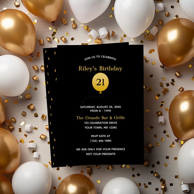 Black with Gold Balloon and Confetti Birthday Invitation (Creator Uploaded)