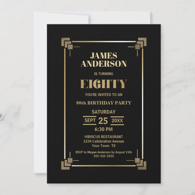 Black with Gold Border 80th Birthday Party Invitation (Front)