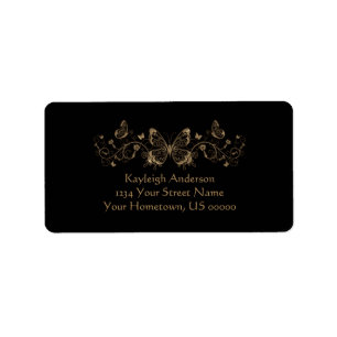 Black with Gold Butterflies Address Label
