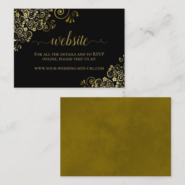 Black with Gold Floral Lace Wedding Website Enclosure Card (Front/Back)