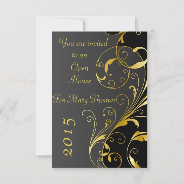 Black with Gold Flourish Open House Invite (Front)