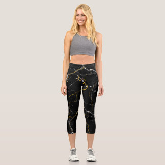 Black with gold foil marble pattern capri leggings