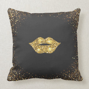 Black with Gold Glitter and Gold Lips Cushion