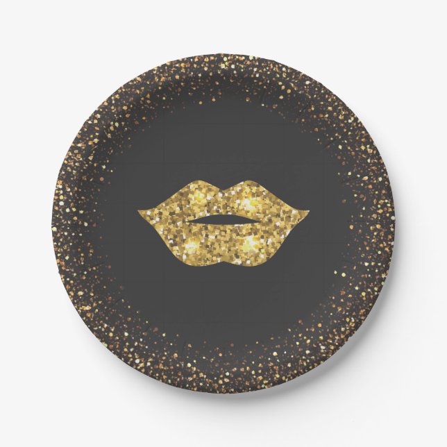 Black with Gold Glitter and Gold Lips Paper Plate (Front)