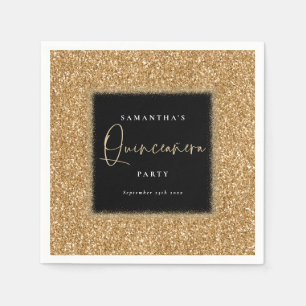 Black with Gold Glitter Name Quinceañera Party Napkin