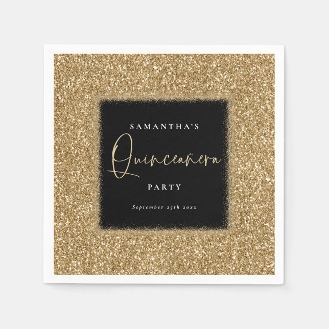 Black with Gold Glitter Name Quinceañera Party Napkin (Front)
