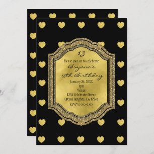 Black with Gold Hearts Birthday Party Invitations