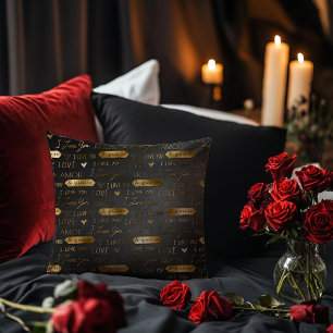 Black with Gold I Love You Script  Cushion
