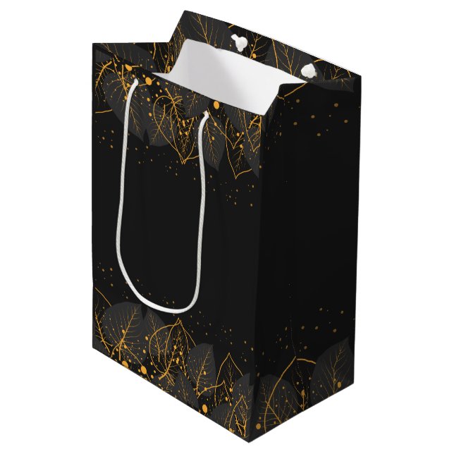 Black with Gold Leaf Border Medium Gift Bag (Front Angled)