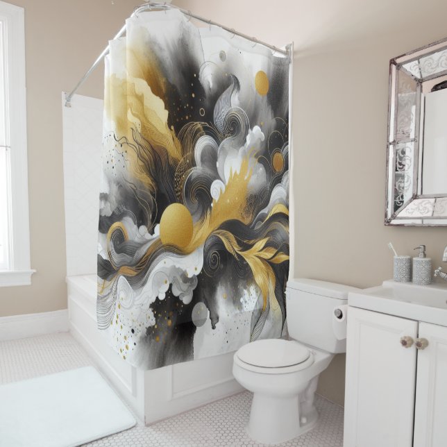 Black with Gold Modern Abstract Shower Curtain (In Situ)