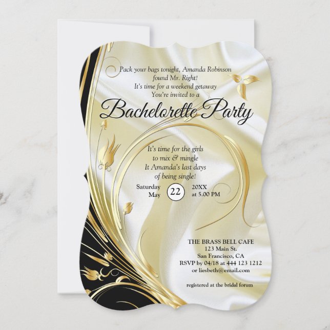 Black with Gold on Champagne Silk Bachelorette Invitation (Front)
