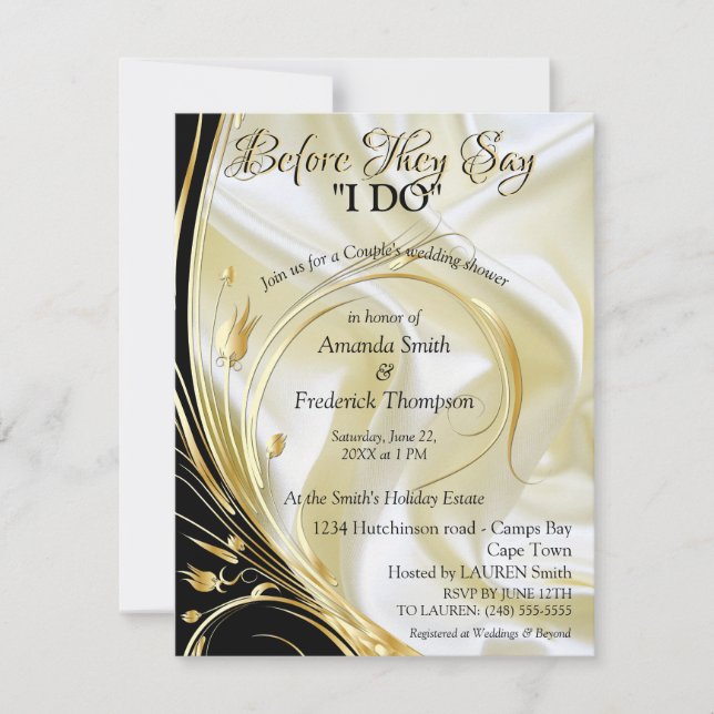 Black with Gold on Champagne Silk Couple Shower Invitation (Front)