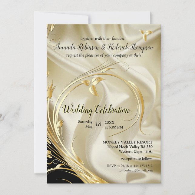 Black with Gold on Champagne Silk Wedding Invitati Invitation (Front)