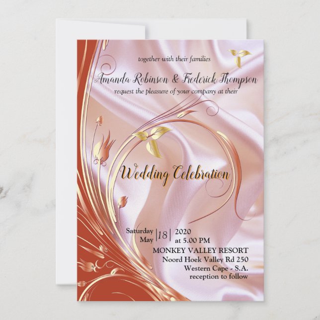 Black with Gold on Champagne Silk Wedding Invitation (Front)