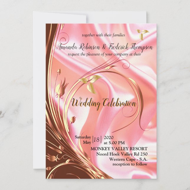 Black with Gold on Champagne Silk Wedding Invitation (Front)