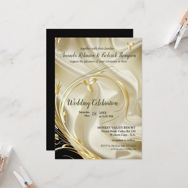 Black with Gold on Champagne Silk Wedding Invitation (Black with Gold on Champagne Silk Wedding Invitation )