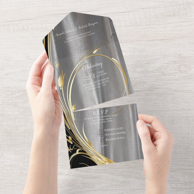 Black with Gold on silver texture All In one Invitation (Tearaway)
