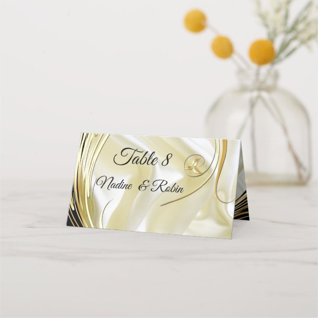 Black with Gold on silver texture Place Card (Front)