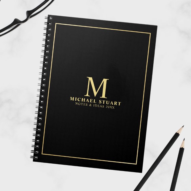 Black with Gold Personalised Monogram and Name Notebook (Creator Uploaded)