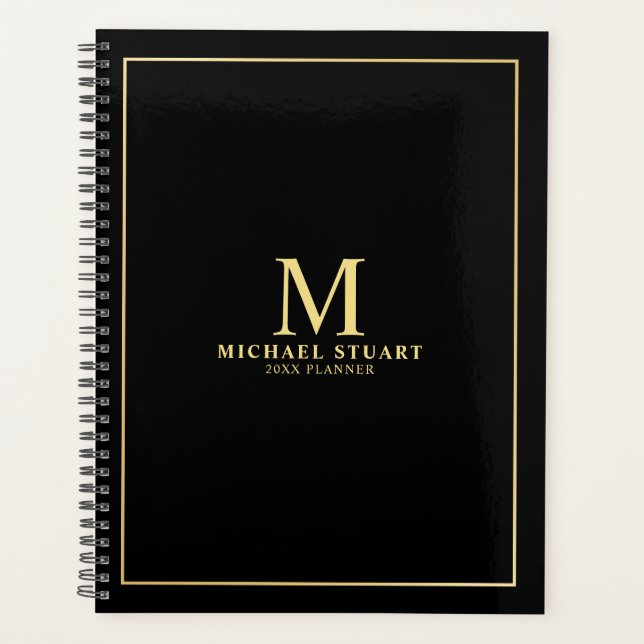 Black with Gold Personalised Monogram and Name Planner (Front)