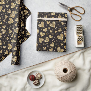 Black With Gold Sparkle Hearts Wrapping Paper