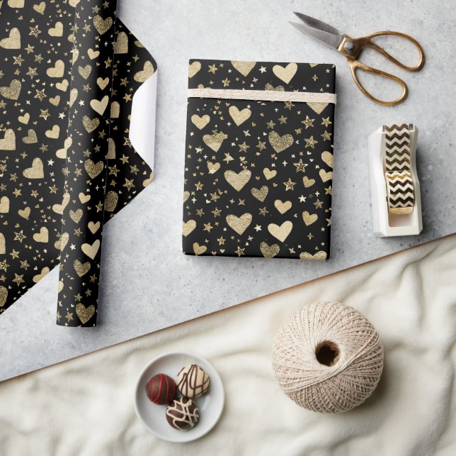 Black With Gold Sparkle Hearts Wrapping Paper (Crafts)