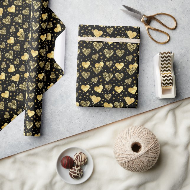 Black With Gold Sparkle Hearts Wrapping Paper (Crafts)