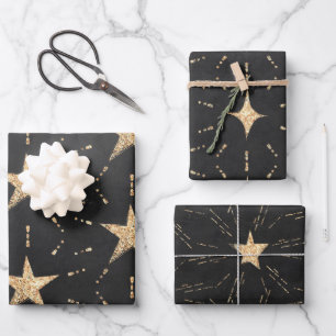 Black With Gold Starbursts & Stardust Elegant Wrapping Paper Sheet