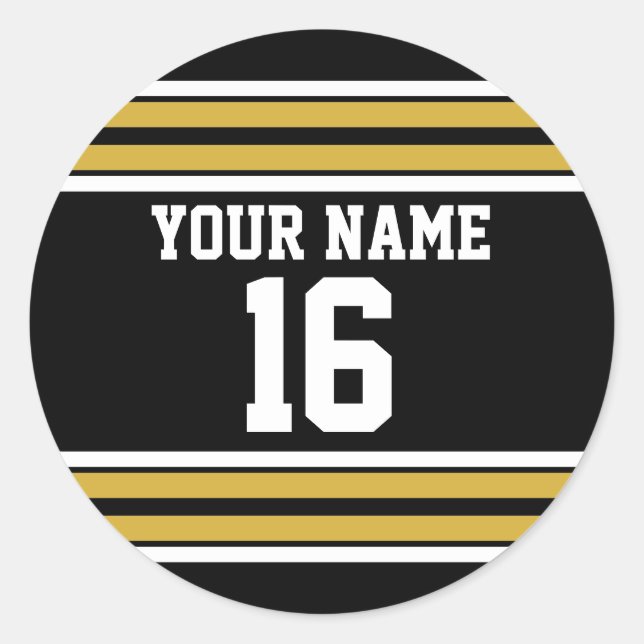 Black with Gold White Stripes Team Jersey Classic Round Sticker (Front)