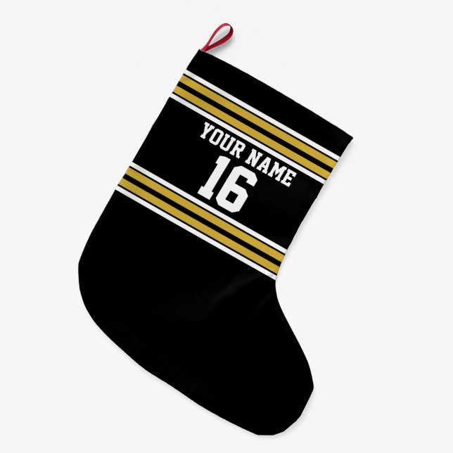 Black with Gold White Stripes Team Jersey Large Christmas Stocking (Front (Hanging))