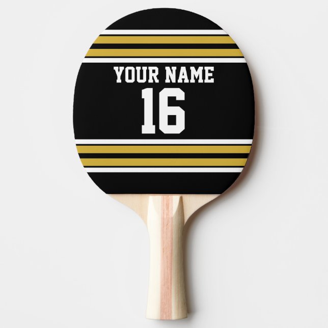 Black with Gold White Stripes Team Jersey Ping Pong Paddle (Front)
