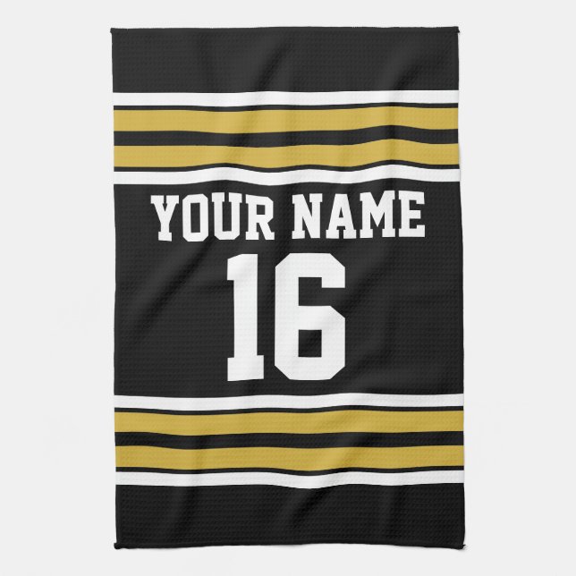 Black with Gold White Stripes Team Jersey Tea Towel (Vertical)