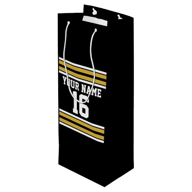 Black with Gold White Stripes Team Jersey Wine Gift Bag (Back Angled)