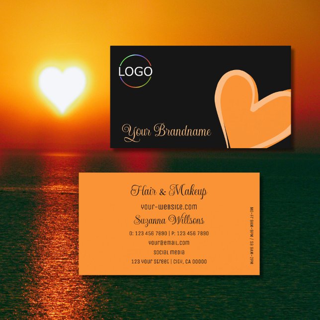 Black with Gorgeous Orange Heart and Logo Cute Business Card (Creator Uploaded)