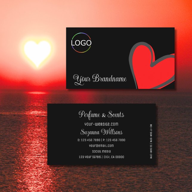 Black with Gorgeous Red Heart and Logo Modern Cute Business Card (Creator Uploaded)