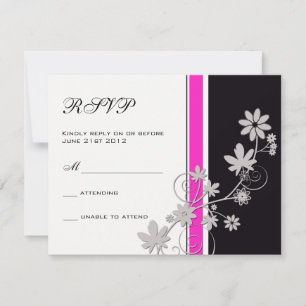 Black with Hot Pink Flower Wedding RSVP Card
