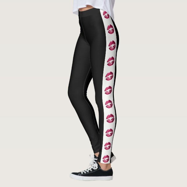 Black with Hot Pink Glitter Lipstick Stripe Leggings (Left)