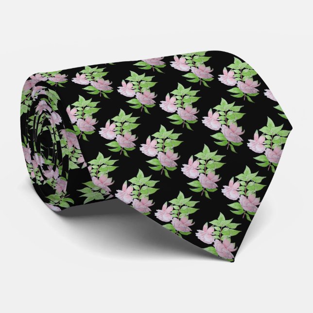 black with little pink flowers and leafs floral  tie (Rolled)