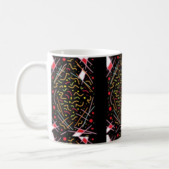 Black with mixed colour pattern neat dinky coffee mug (Left)